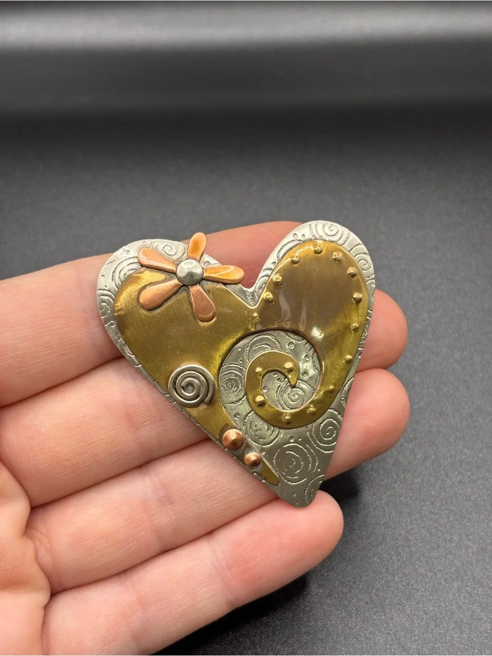 Artisan Handcrafted Mixed-Metal Heart Pin Brooch in Brass and Copper